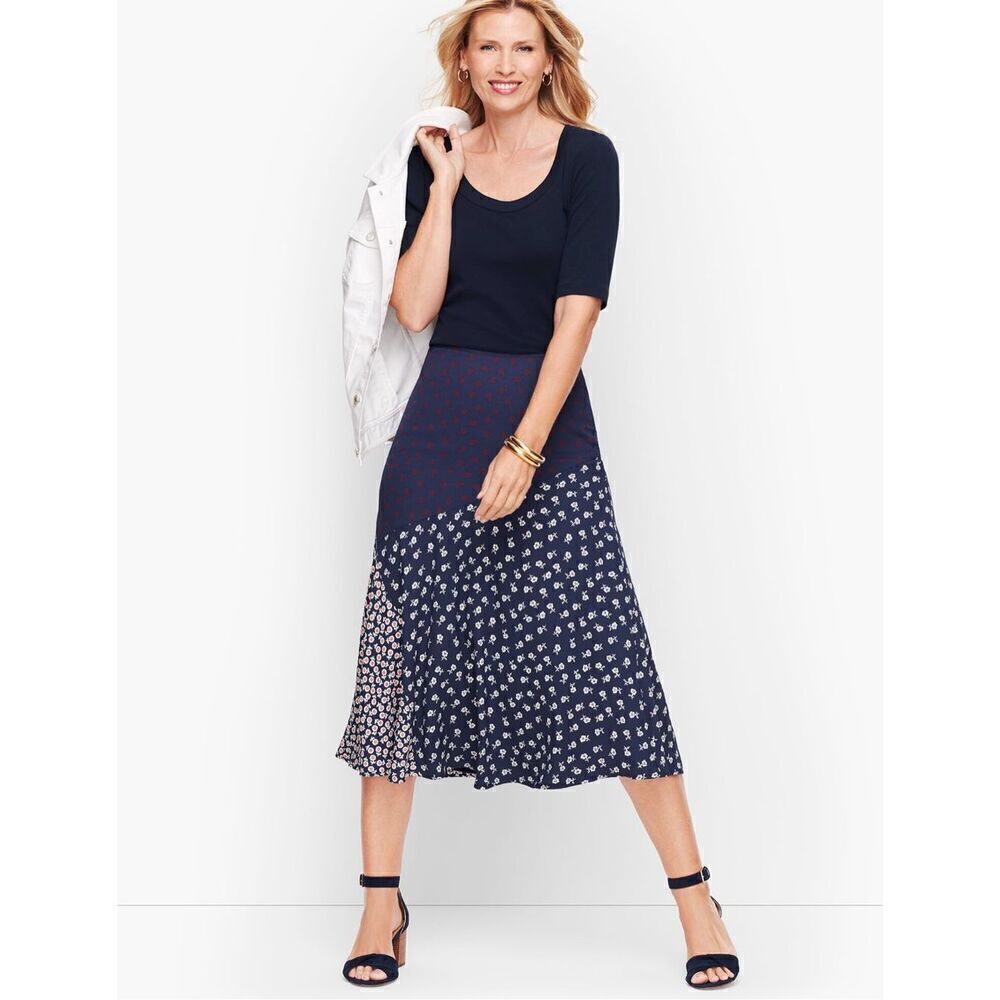 Talbots Pieced Floral Midi Skirt‎ Navy Size 8